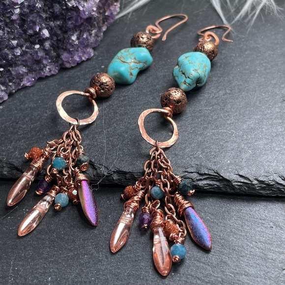 Artisan Turquoise Hand Wired Copper Fringe Dangle Earrings - Picture 9 of 14